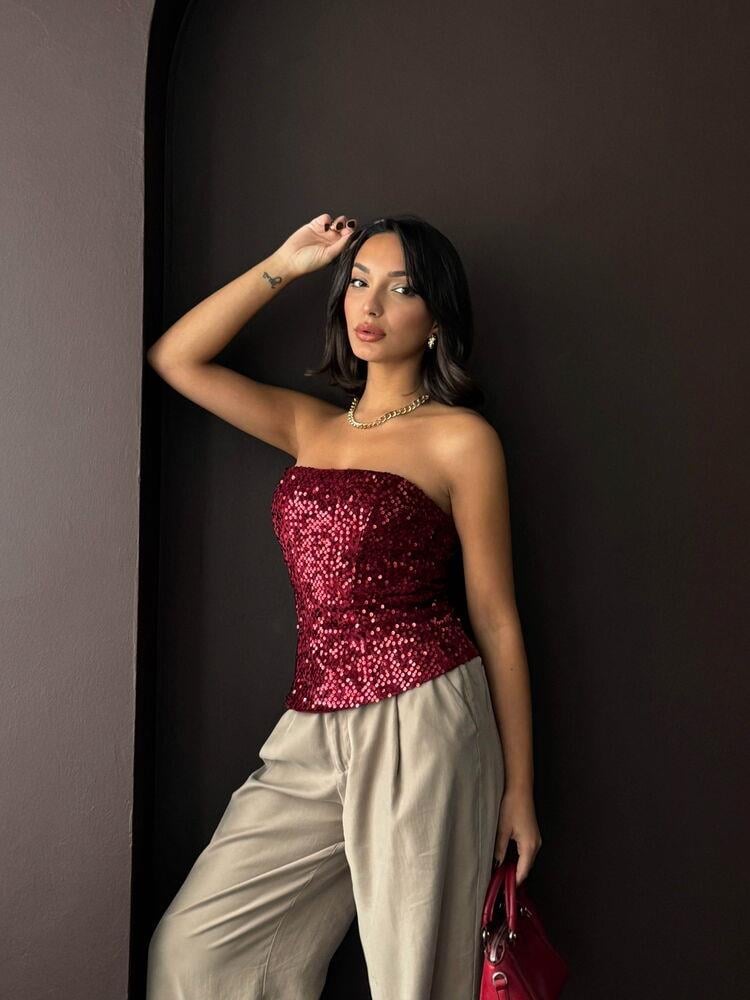 Rubina Payetli Straplez Bluz Bordo