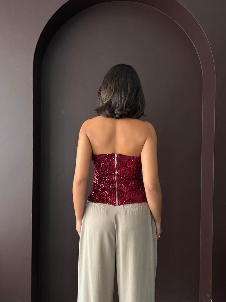 Rubina Payetli Straplez Bluz Bordo