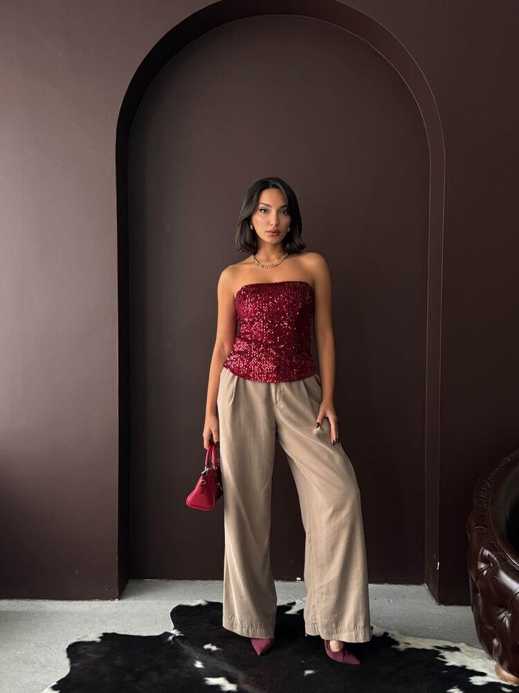 Rubina Payetli Straplez Bluz Bordo