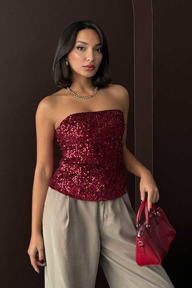 Rubina Payetli Straplez Bluz Bordo