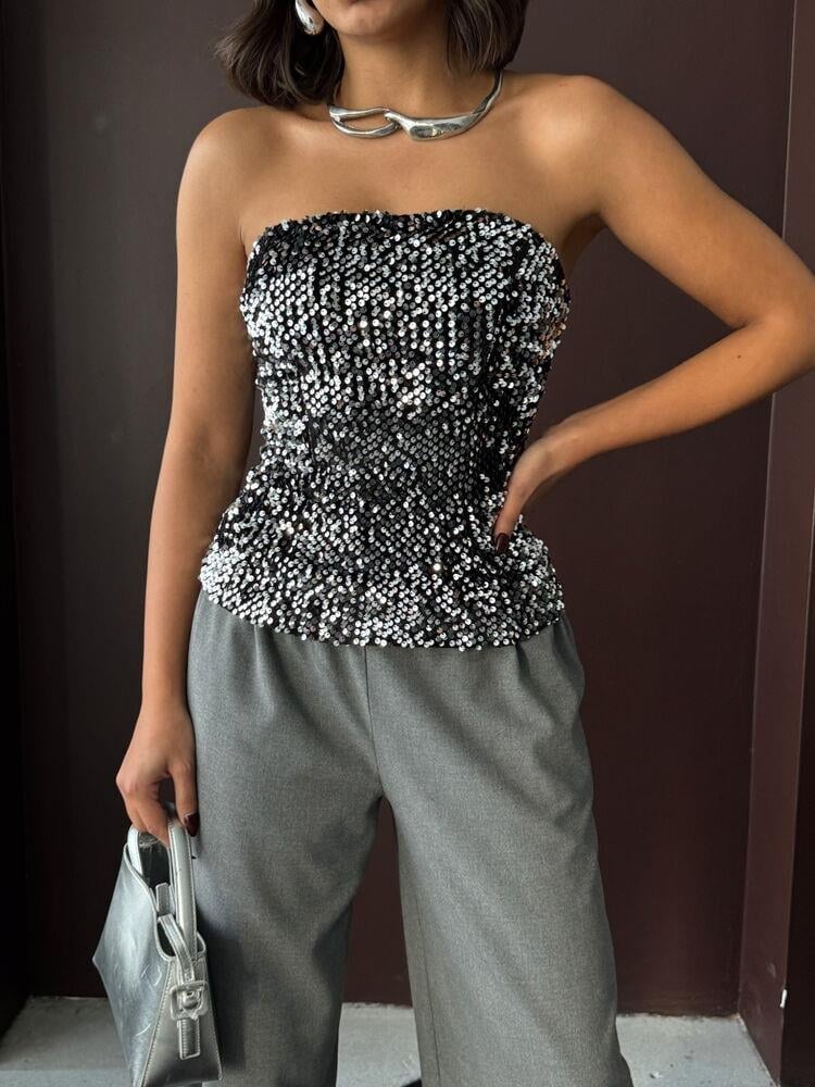 Rubina Payetli Straplez Bluz Gümüş