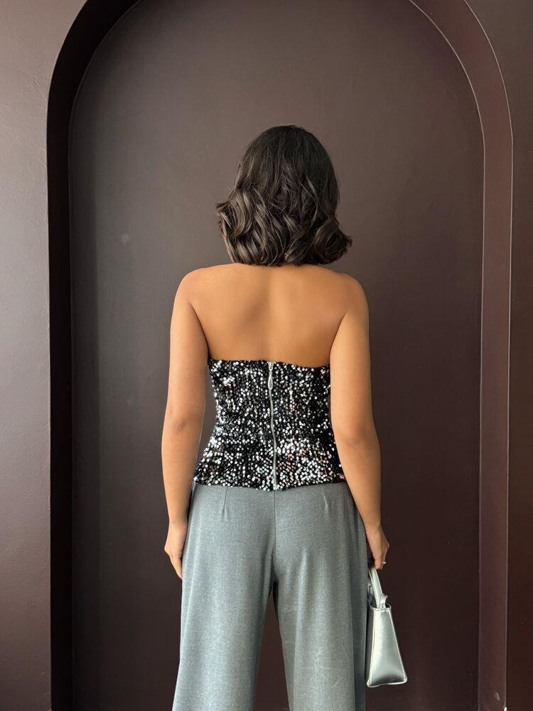 Rubina Payetli Straplez Bluz Gümüş