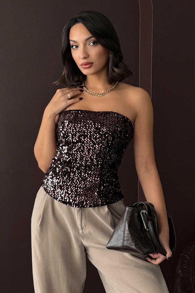 Rubina Payetli Straplez Bluz Kahve