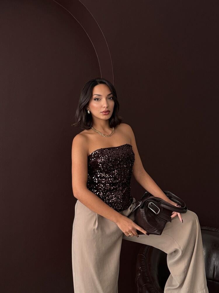 Rubina Payetli Straplez Bluz Kahve