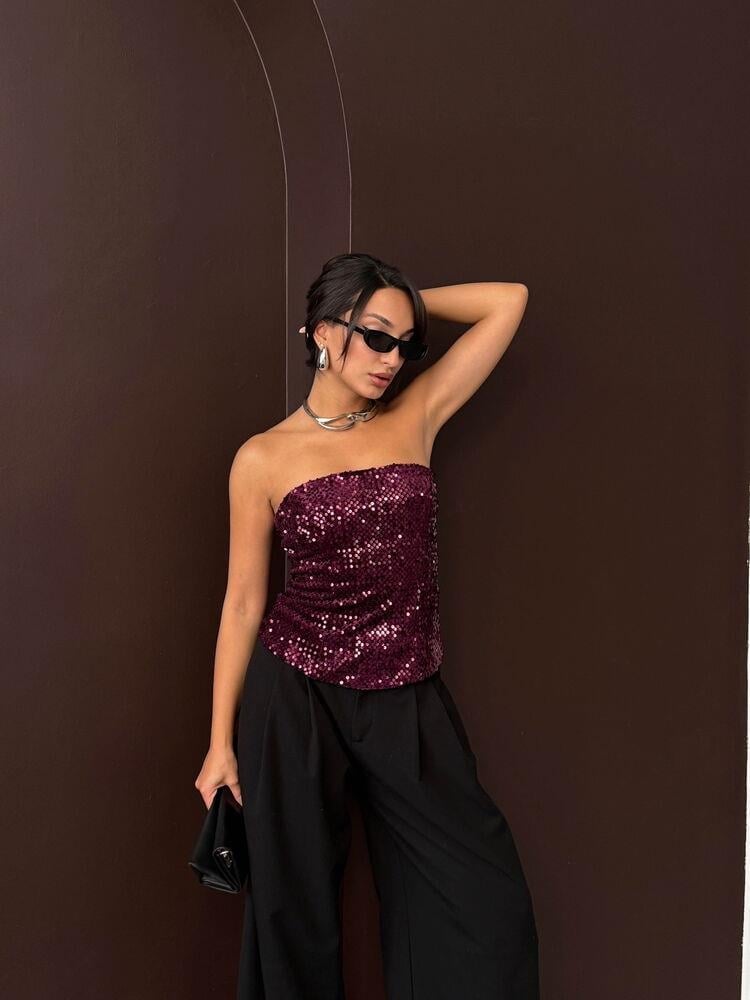 Rubina Payetli Straplez Bluz Mürdüm