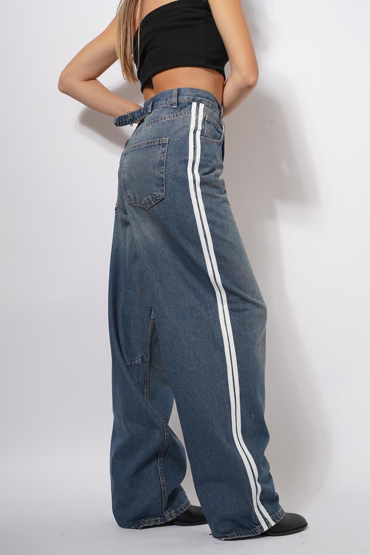 Şadi Yan Şeritli Kemer Tokalı Baggy Pantolon Kot Mavi