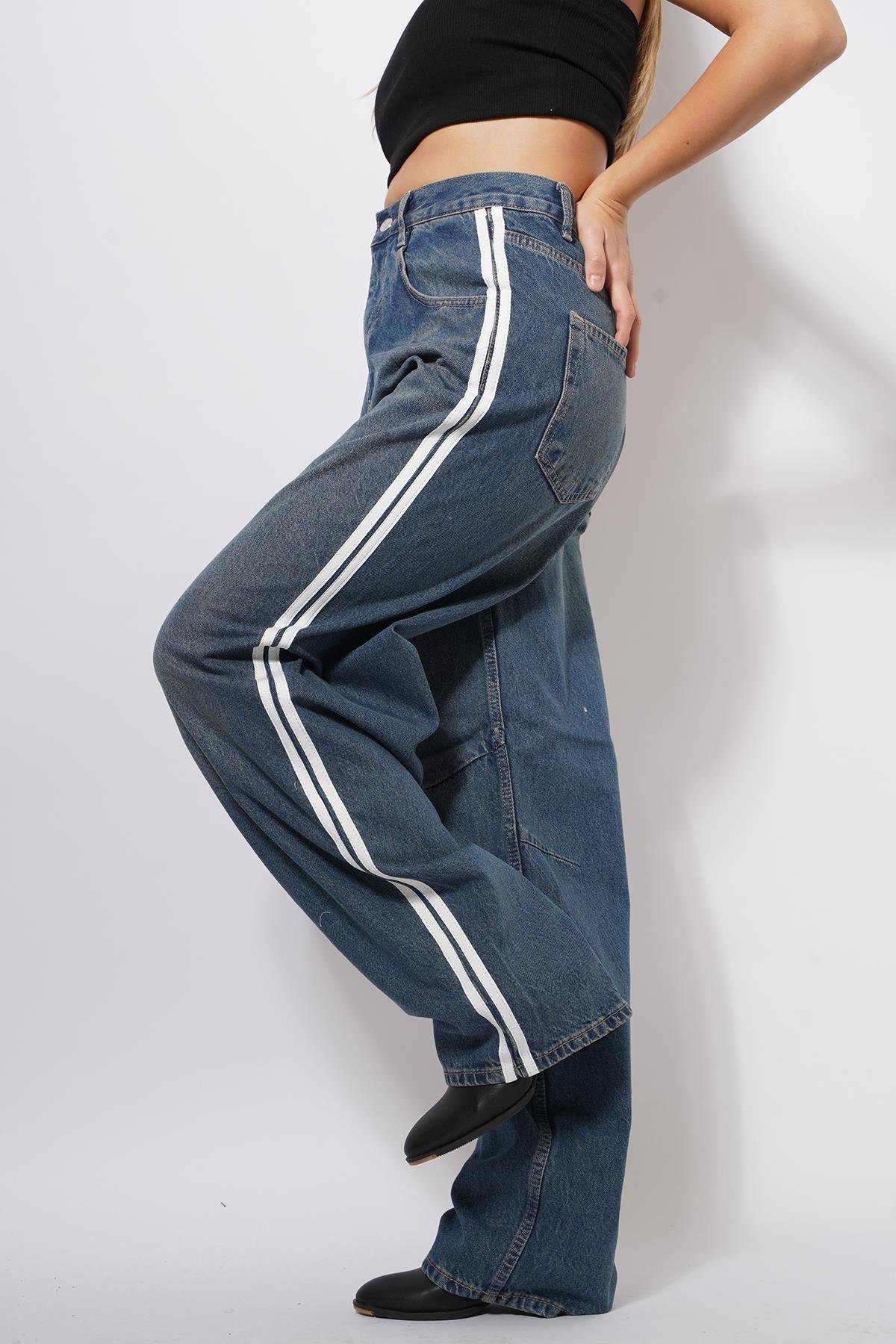 Şadi Yan Şeritli Kemer Tokalı Baggy Pantolon Kot Mavi
