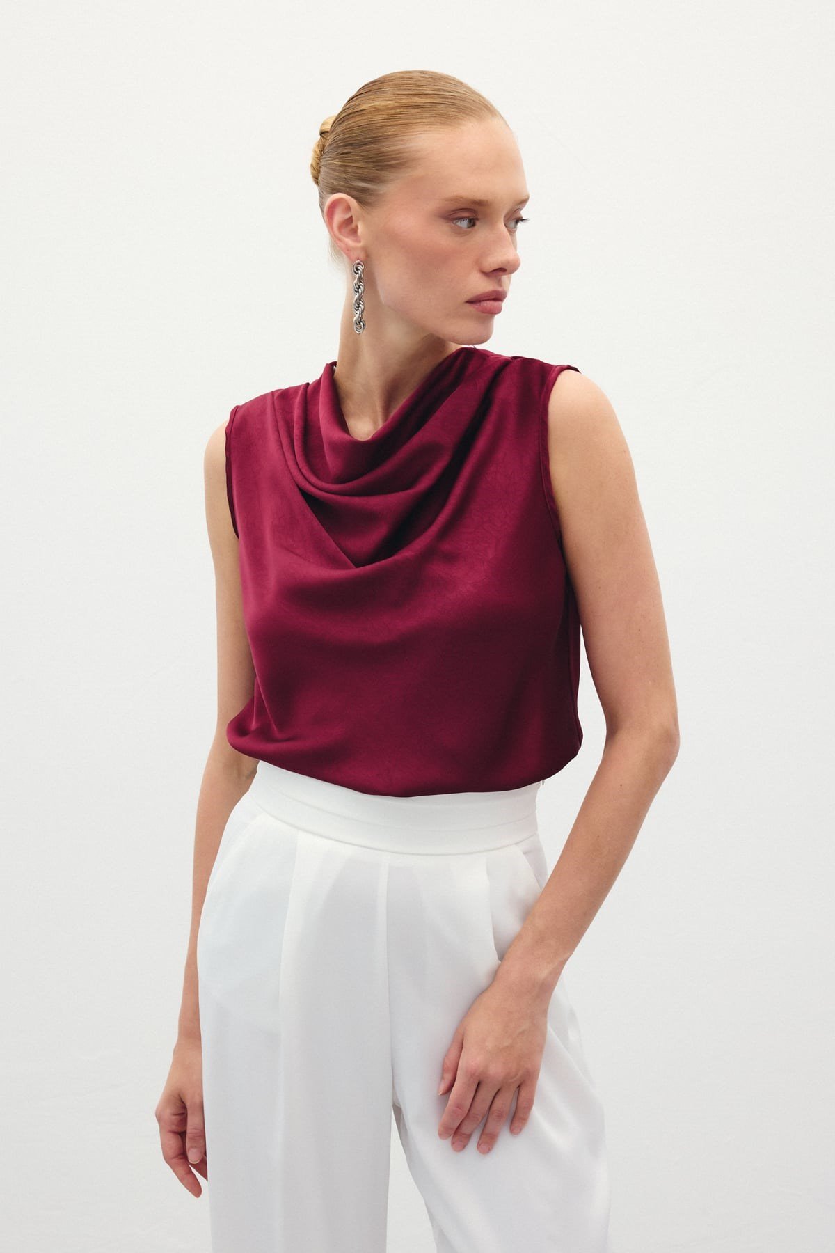 Sardy Degaje Yaka Saten Bluz Bordo