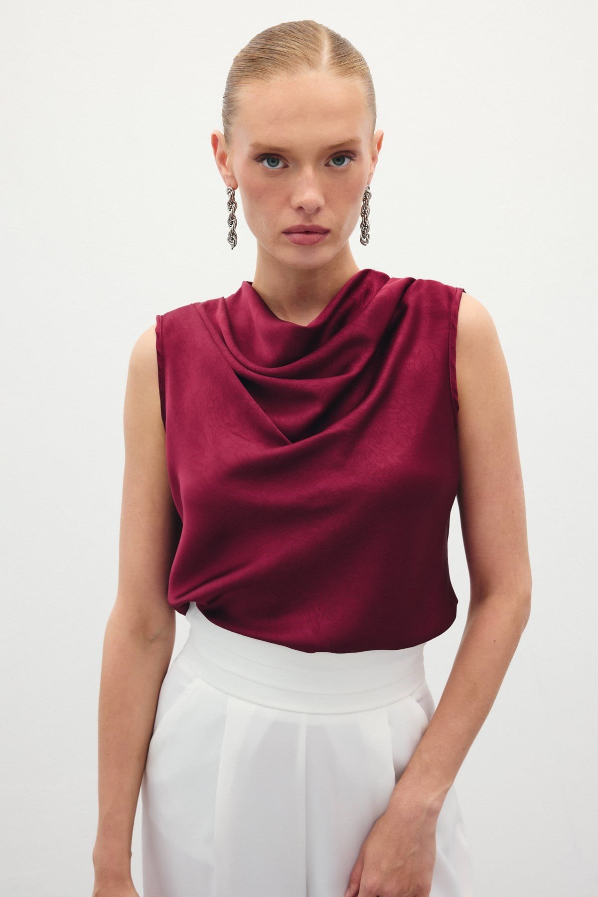 Sardy Degaje Yaka Saten Bluz Bordo