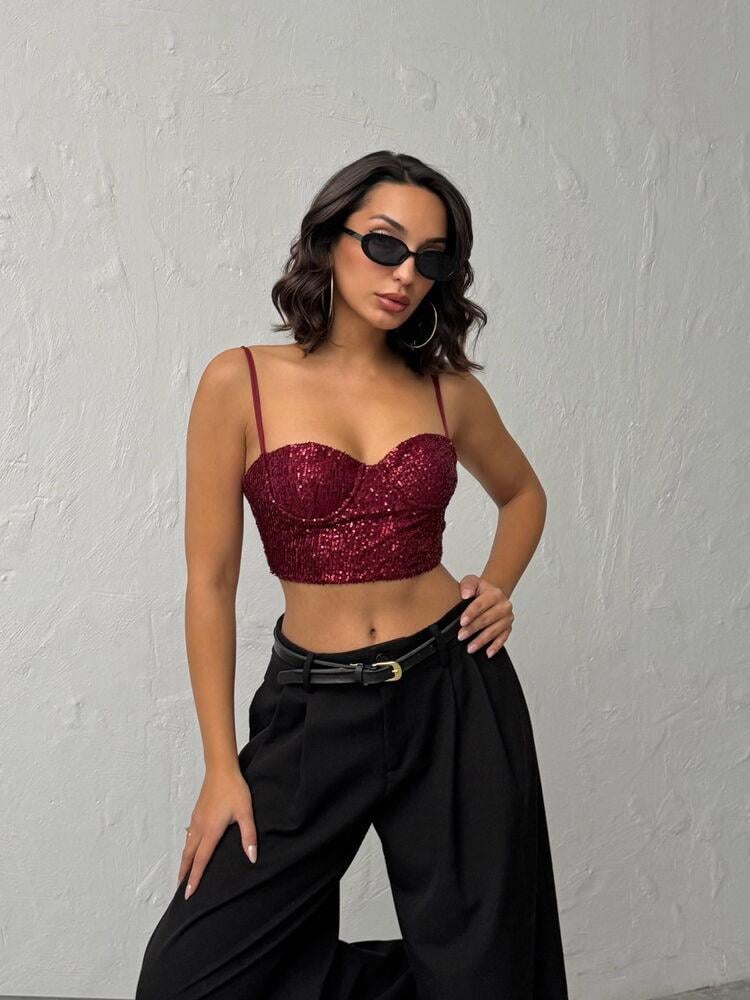 Seduction Payetli Büstiyer Bordo