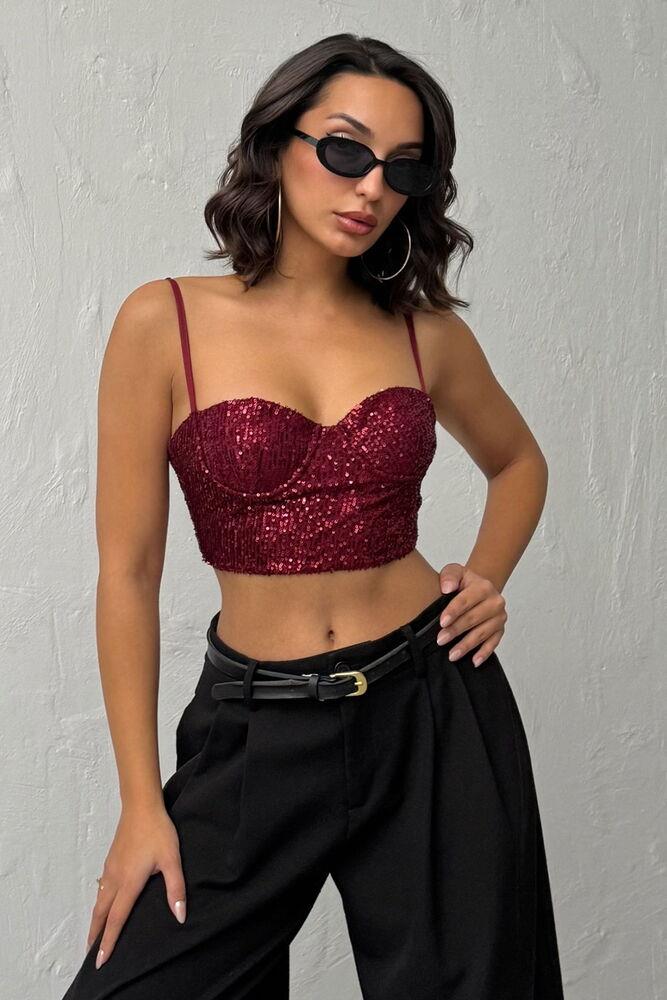 Seduction Payetli Büstiyer Bordo