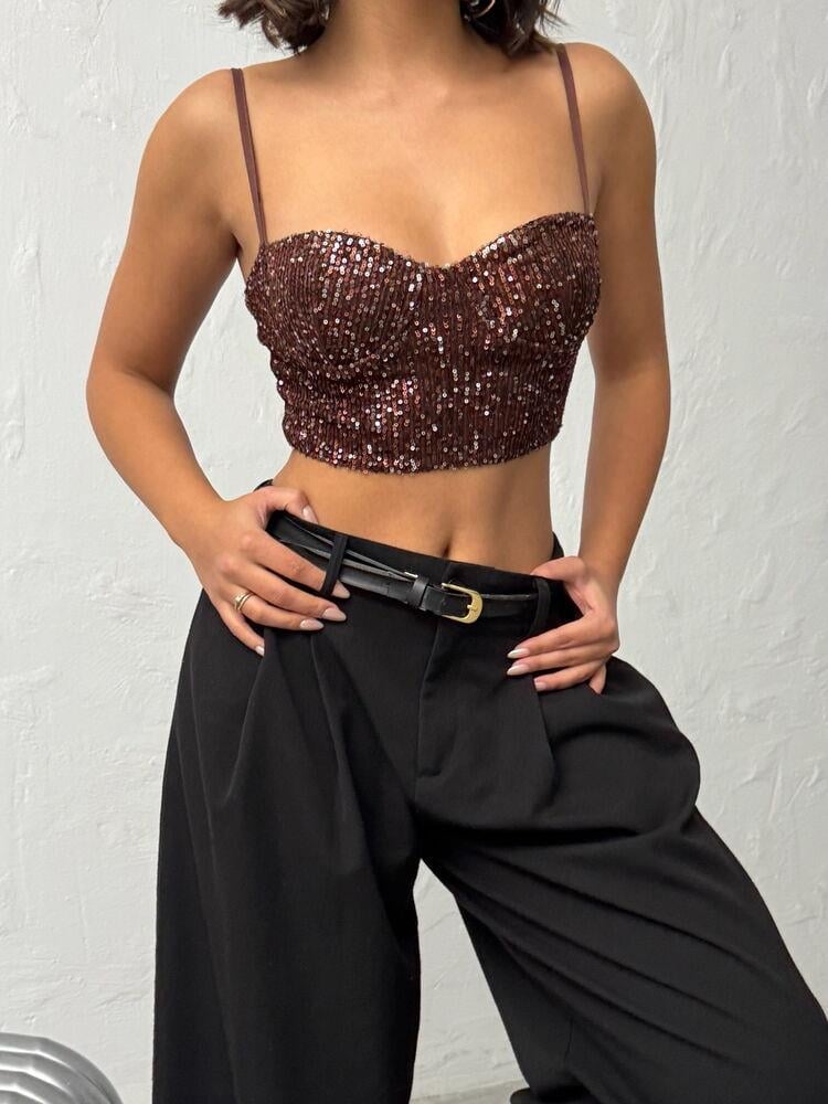 Seduction Payetli Büstiyer Koyu Kahve