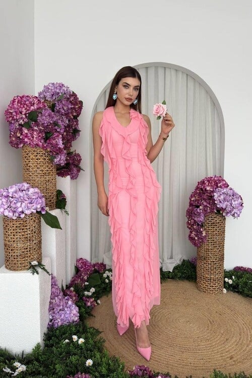 Solga Fırfırlı Elbise Pembe