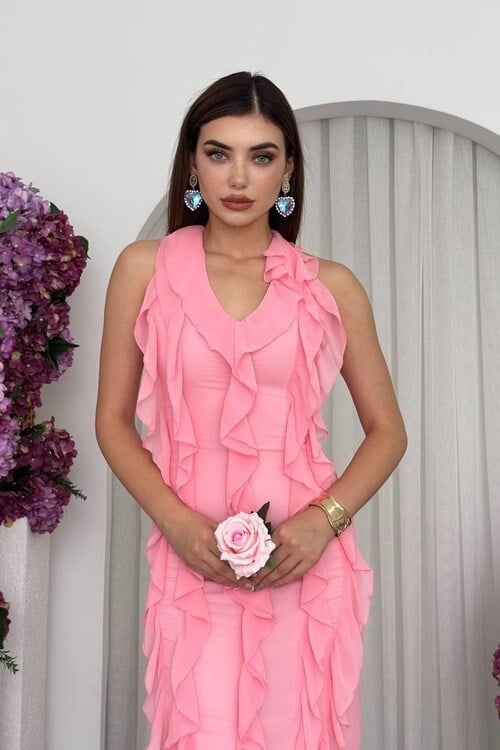 Solga Fırfırlı Elbise Pembe
