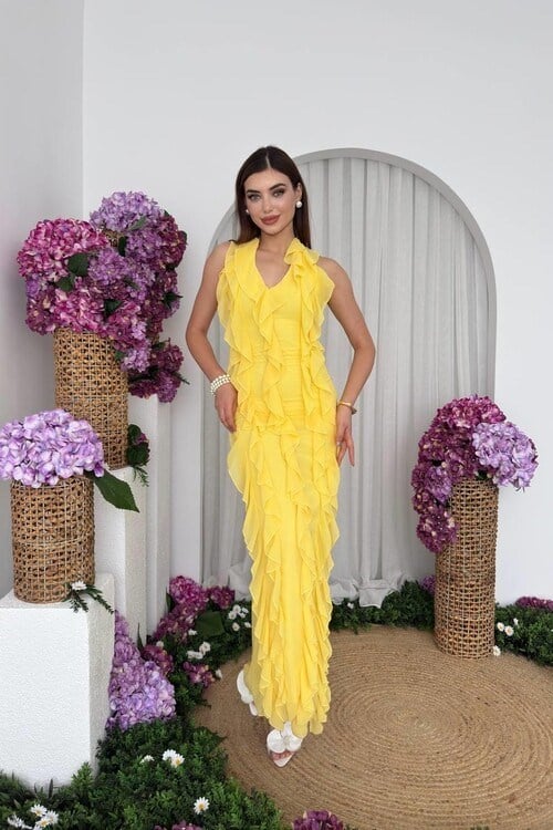 Solga Fırfırlı Elbise Sarı