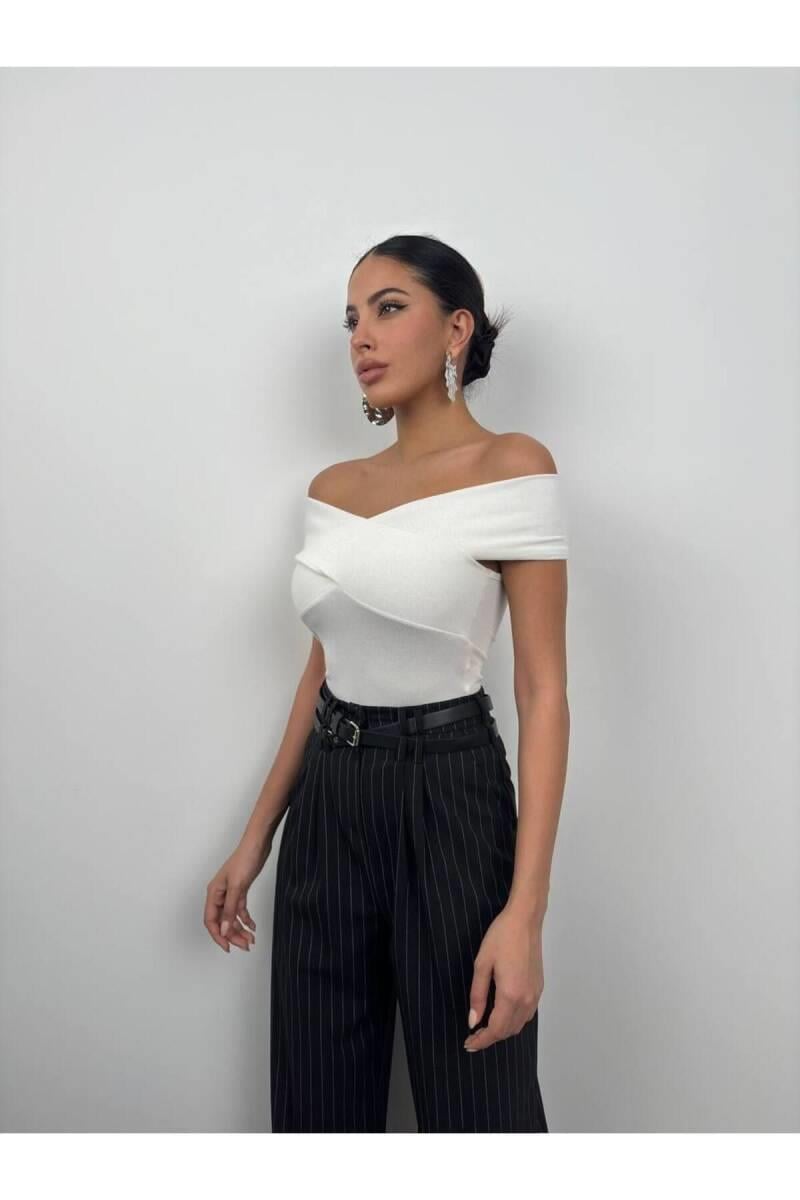 Sparrow Yüksek Kalite Kadın Çapraz Kayık Yaka Bodysuit Ekru