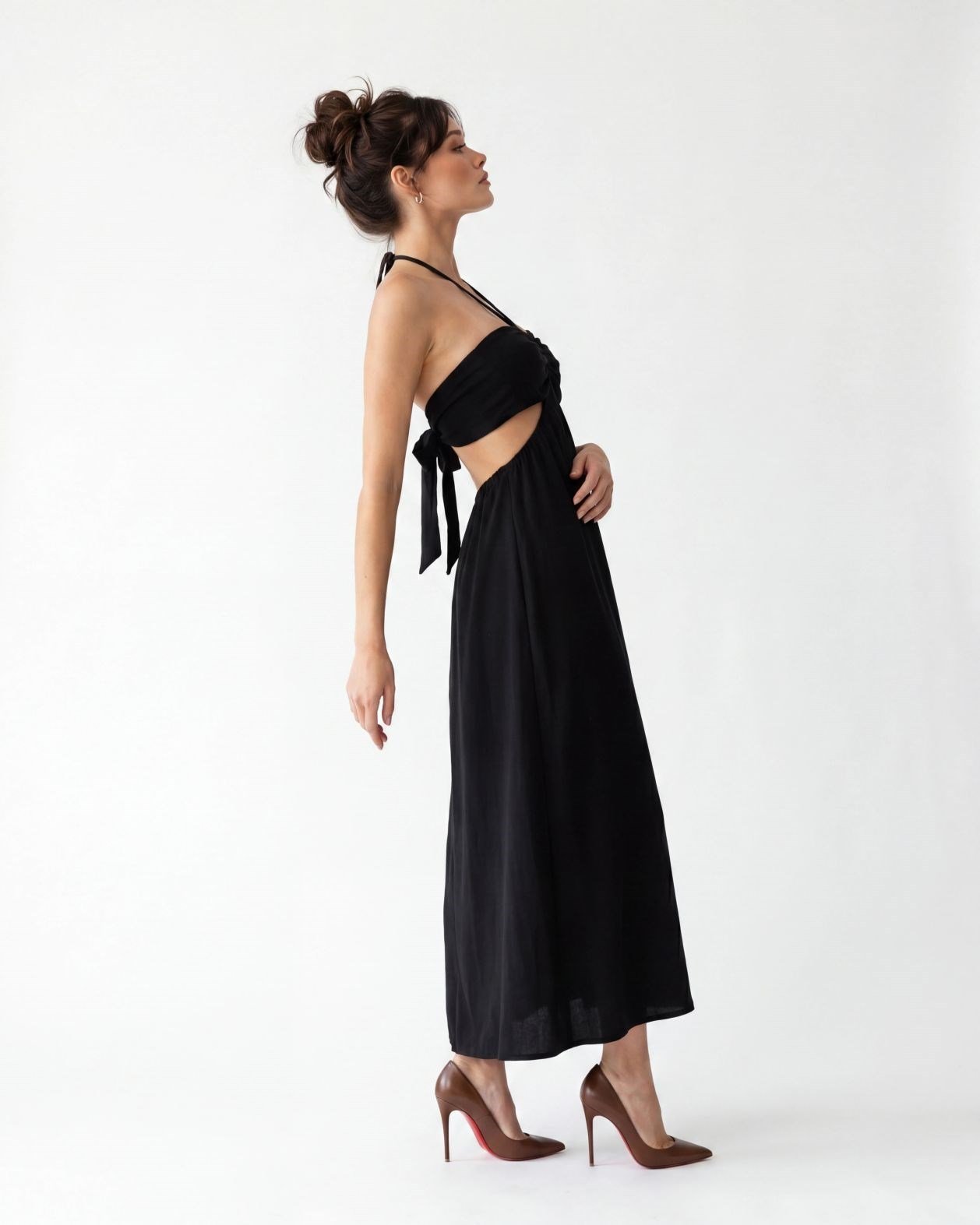 Surels Halter Yaka Bel Dekolteli Maxi Elbise Siyah