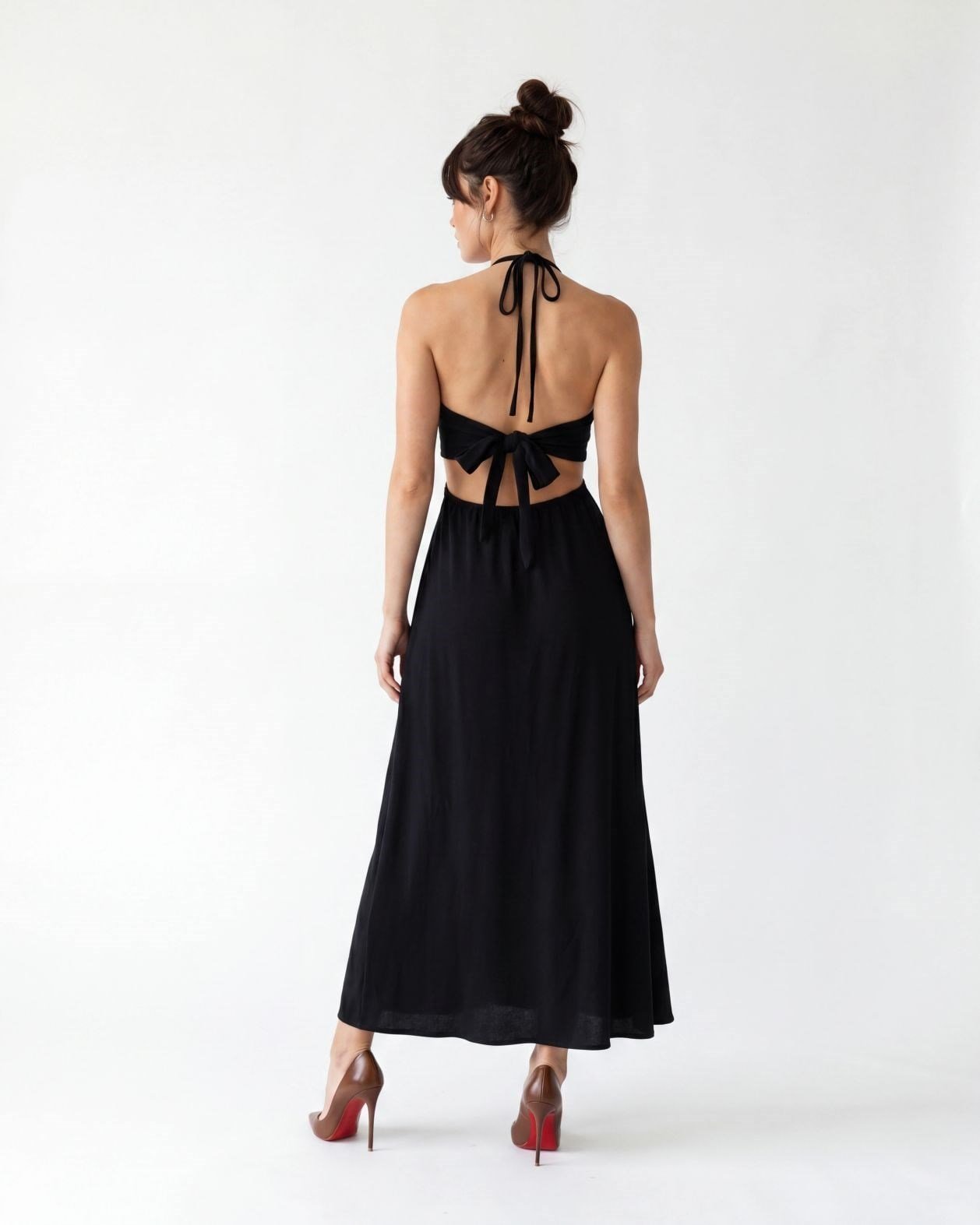 Surels Halter Yaka Bel Dekolteli Maxi Elbise Siyah