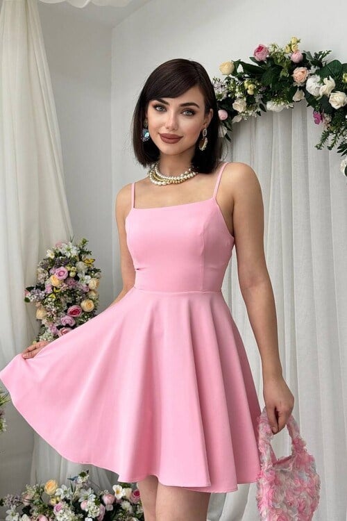 Teves İp Askılı Elbise Pembe