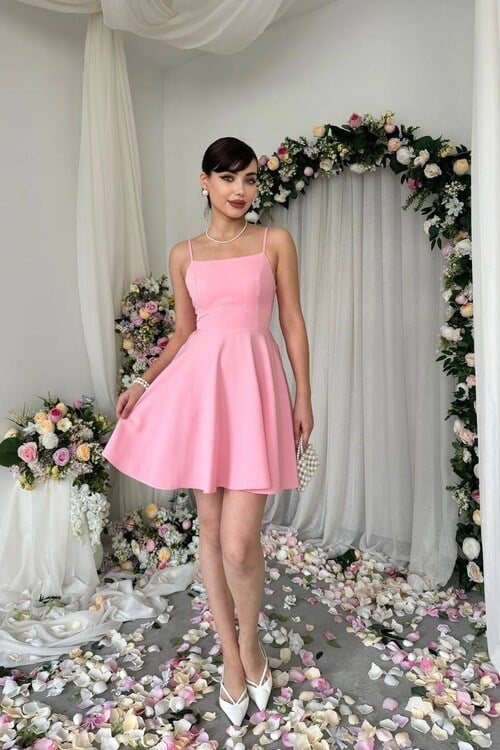 Teves İp Askılı Elbise Pembe