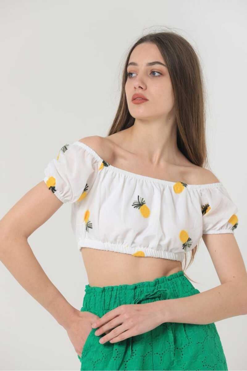 Topshow Ananas Meyve Nakışlı Toptan Büstiyer Beyaz