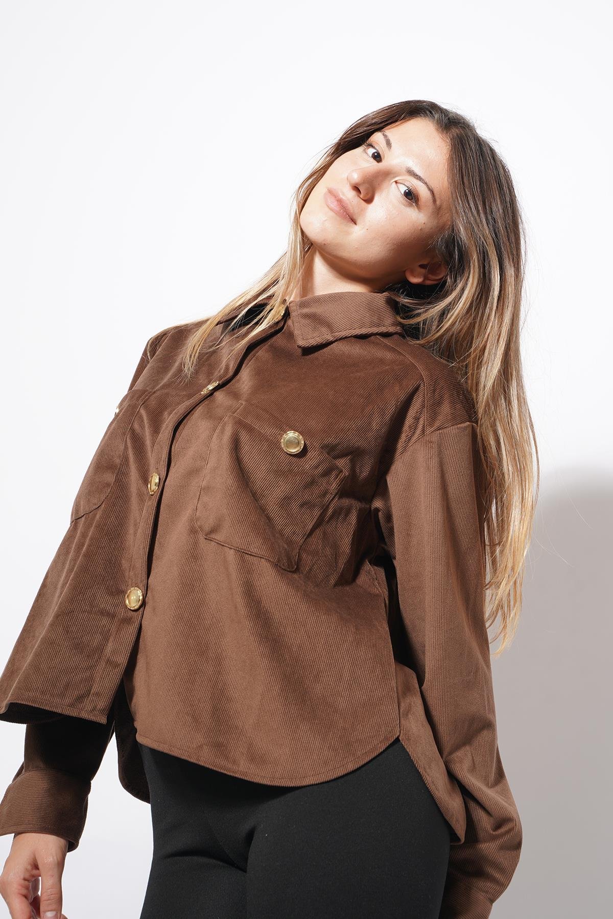 Trey Altın Düğmeli Kadife Gömlek Kahve