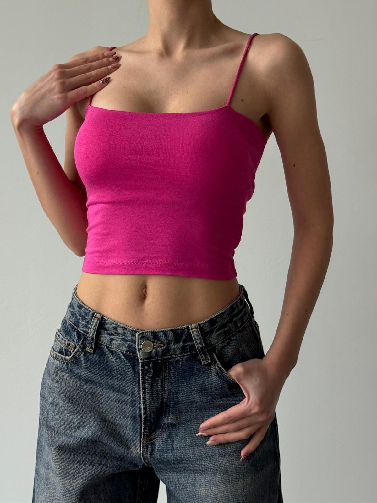 Tuble İp Askılı Örme Atlet Fuşya