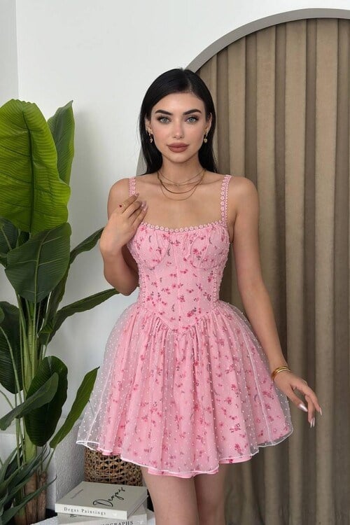 Tül Detaylı Mini Elbise Pembe