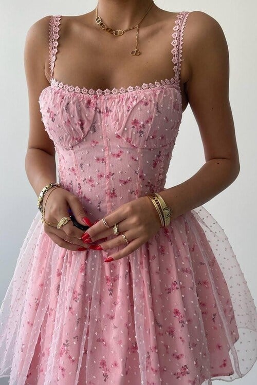 Tül Detaylı Mini Elbise Pembe