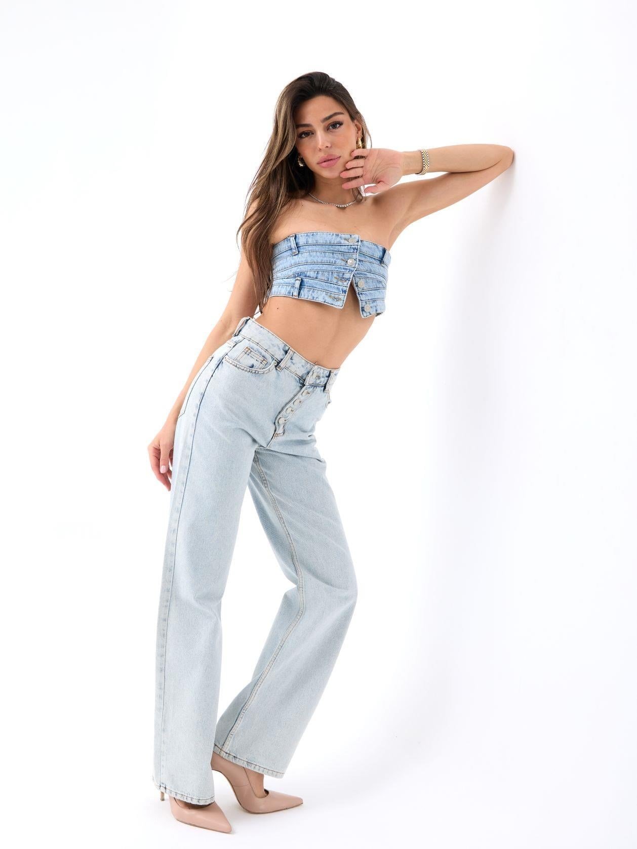 Uzli Wide Leg Pantolon Açık Mavi