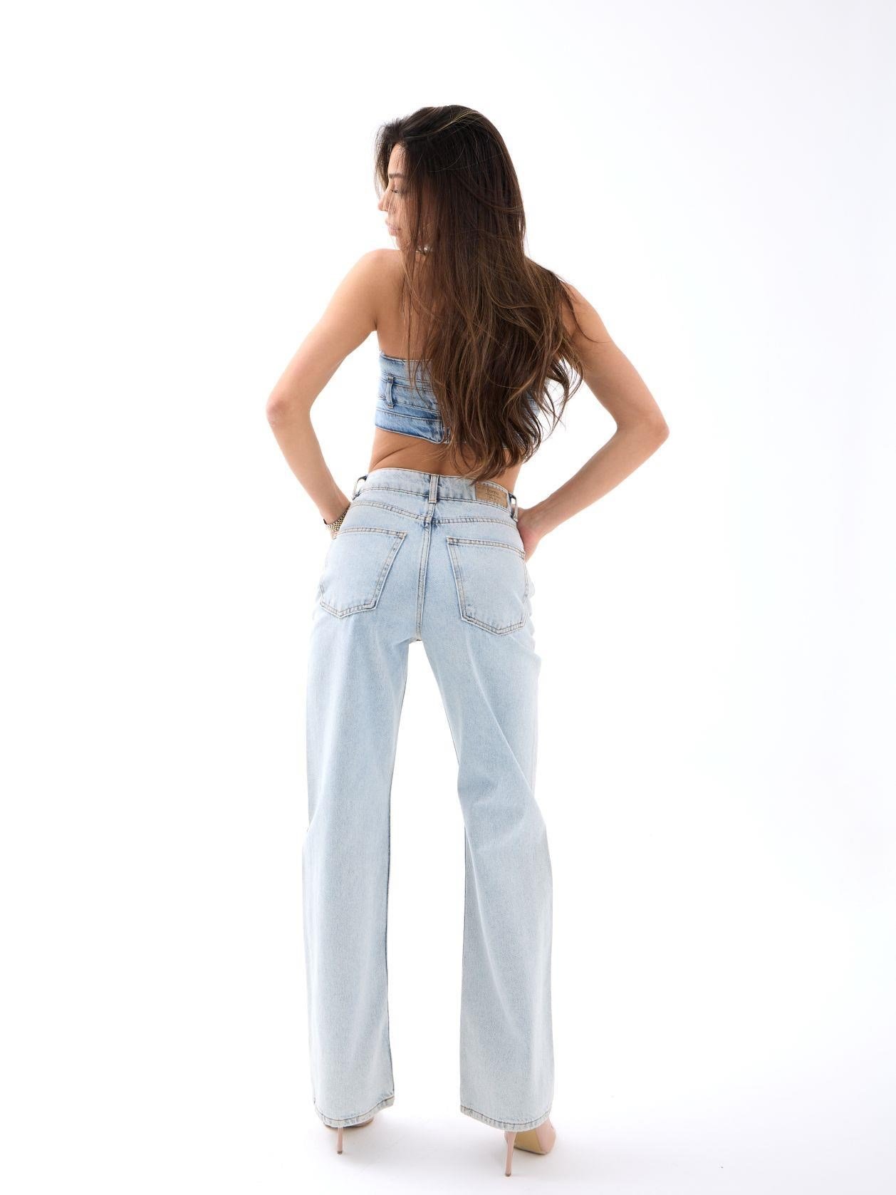 Uzli Wide Leg Pantolon Açık Mavi