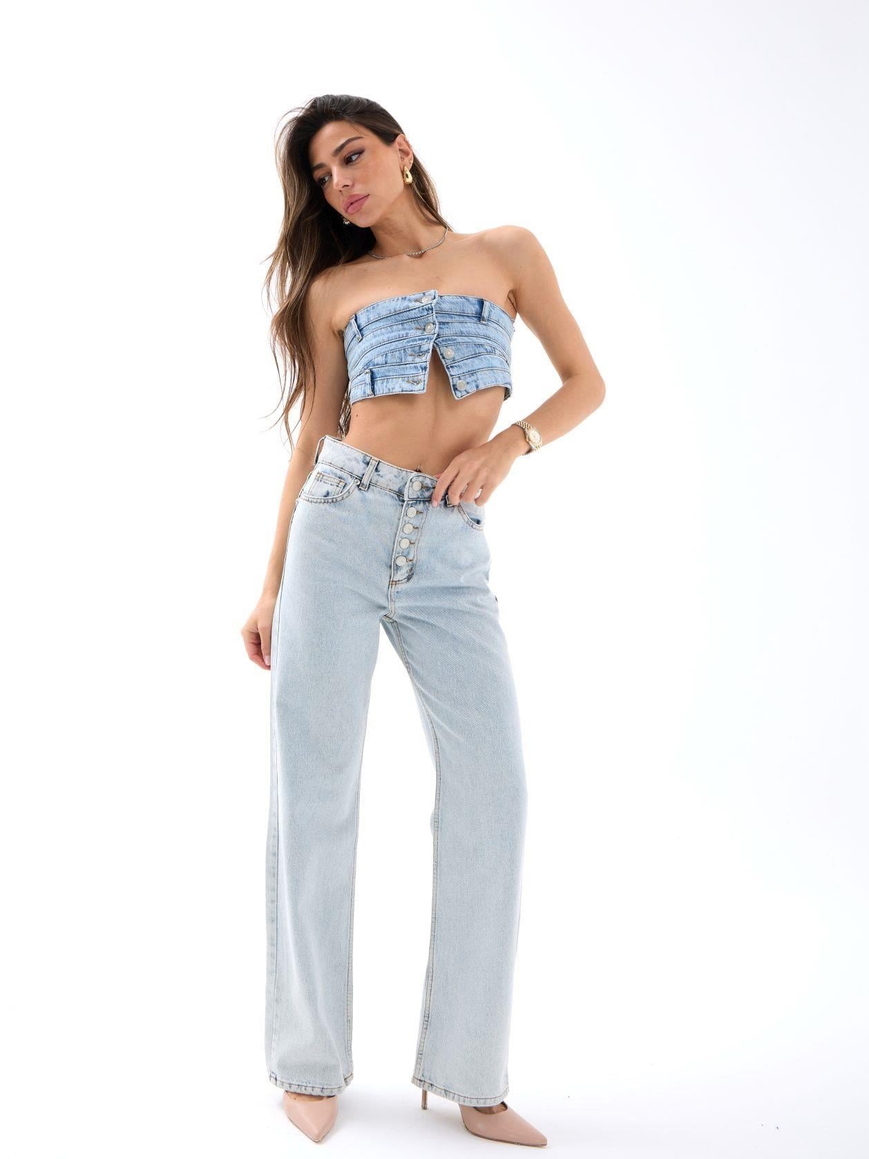 Uzli Wide Leg Pantolon Açık Mavi