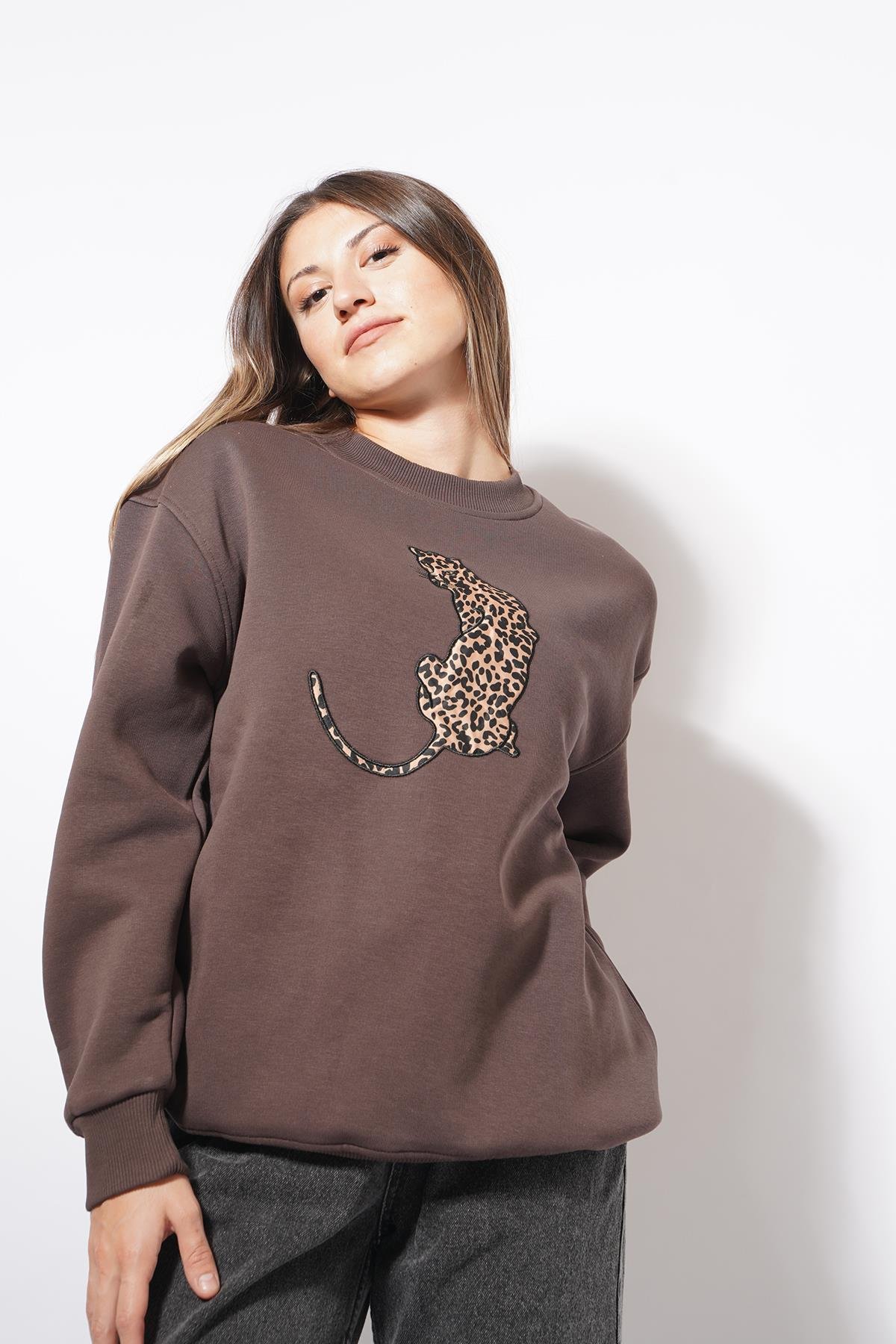 Yermi Leopar Deseli Sweat Kahve