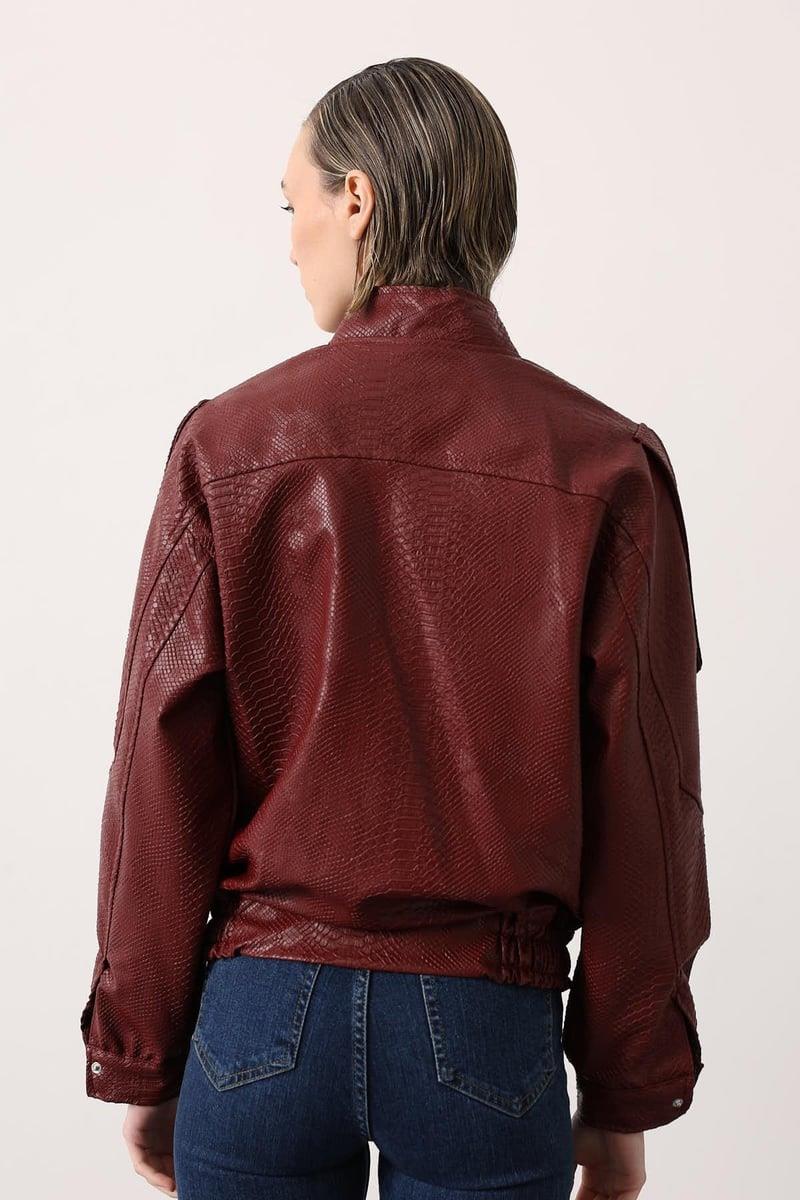 Yılan Dokulu Oversize Suni Deri Bomber Ceket Bordo