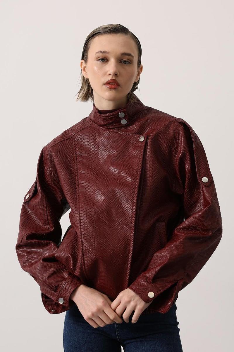 Yılan Dokulu Oversize Suni Deri Bomber Ceket Bordo
