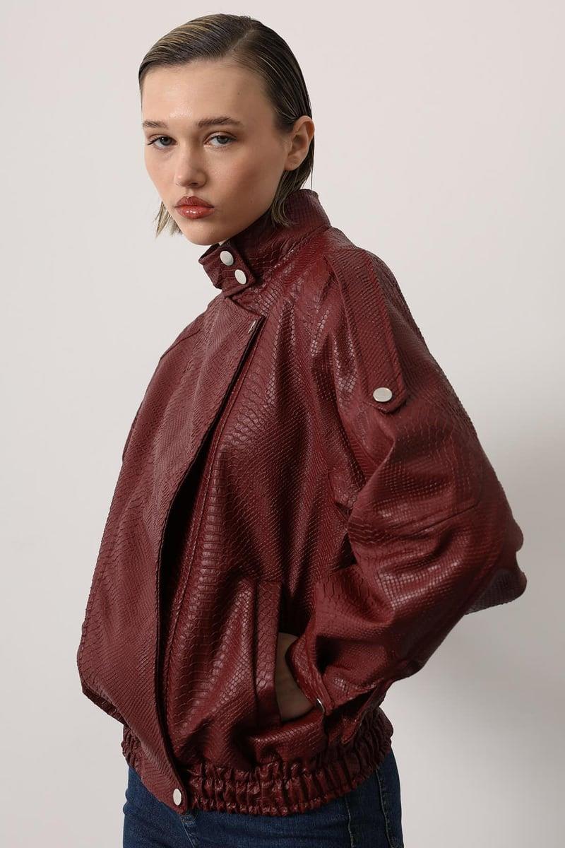 Yılan Dokulu Oversize Suni Deri Bomber Ceket Bordo
