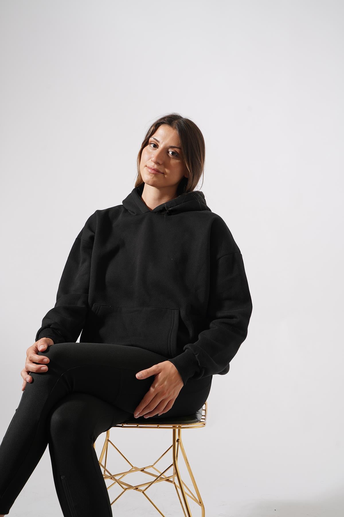 Yüksek Kalite Kadın Kanguru Cepli Sweat Siyah