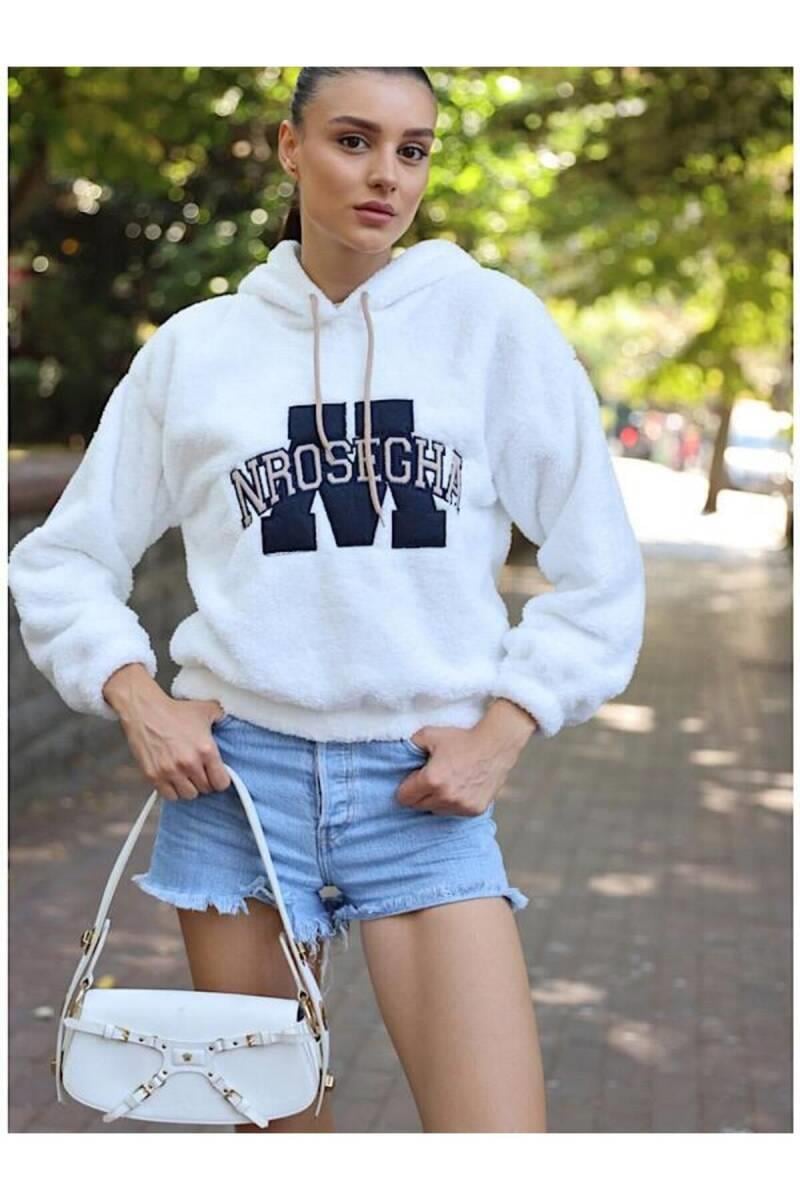Yüksek Kalite Kadın Kapüşonlu Baskılı  Sweatshirt Beyaz