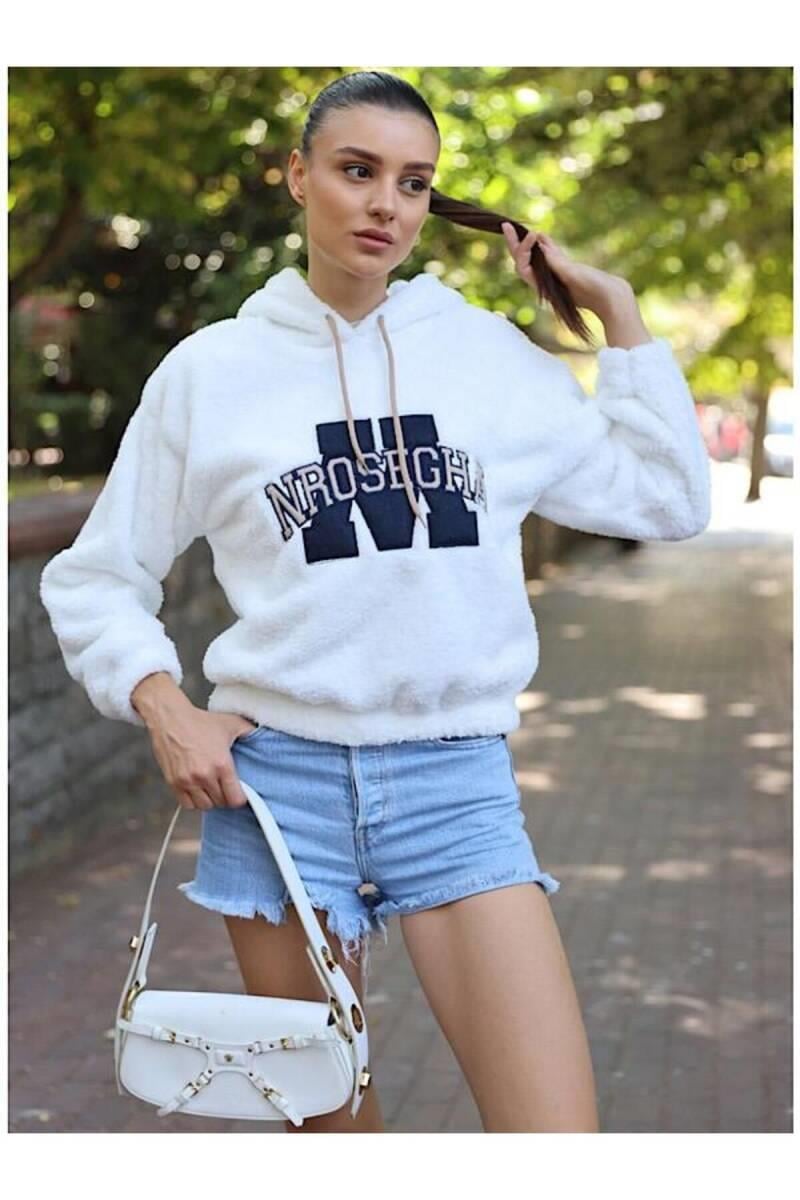 Yüksek Kalite Kadın Kapüşonlu Baskılı  Sweatshirt Beyaz