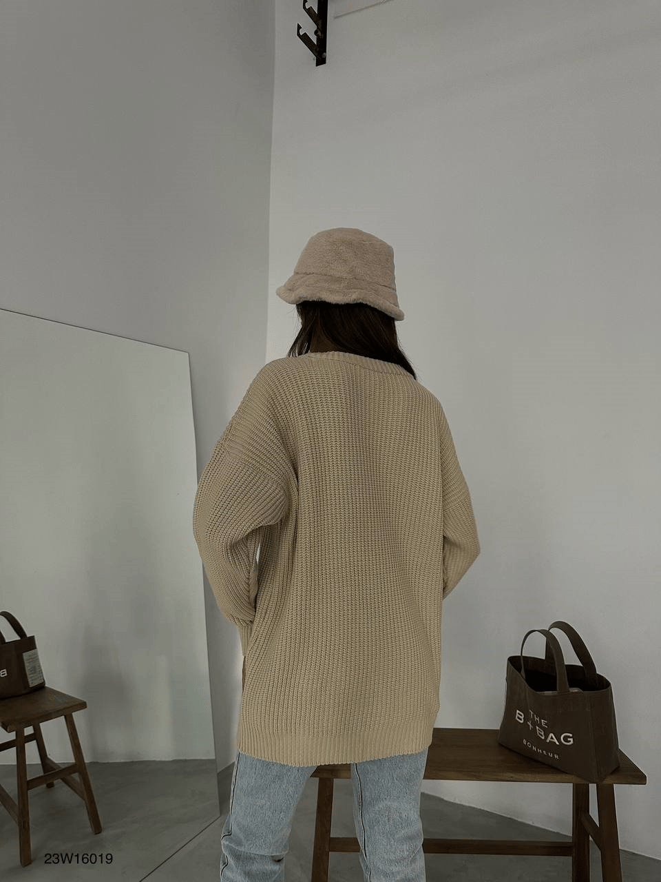 Yüksek Kalite Kadın Oversize Örgü Kazak  Bej