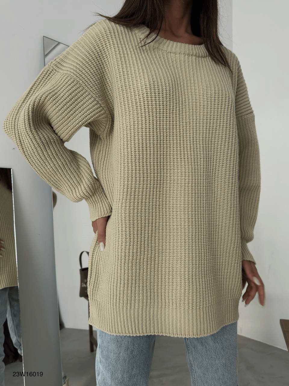 Yüksek Kalite Kadın Oversize Örgü Kazak  Bej