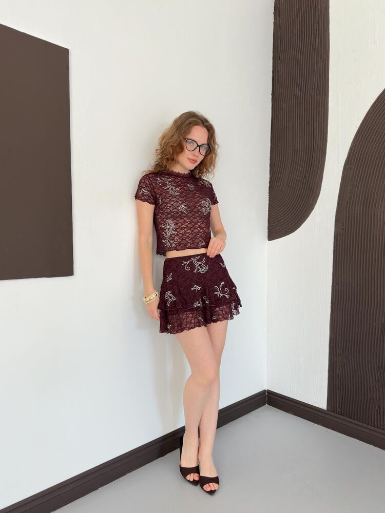 Zani Taşlı Dantel Etek Kahve