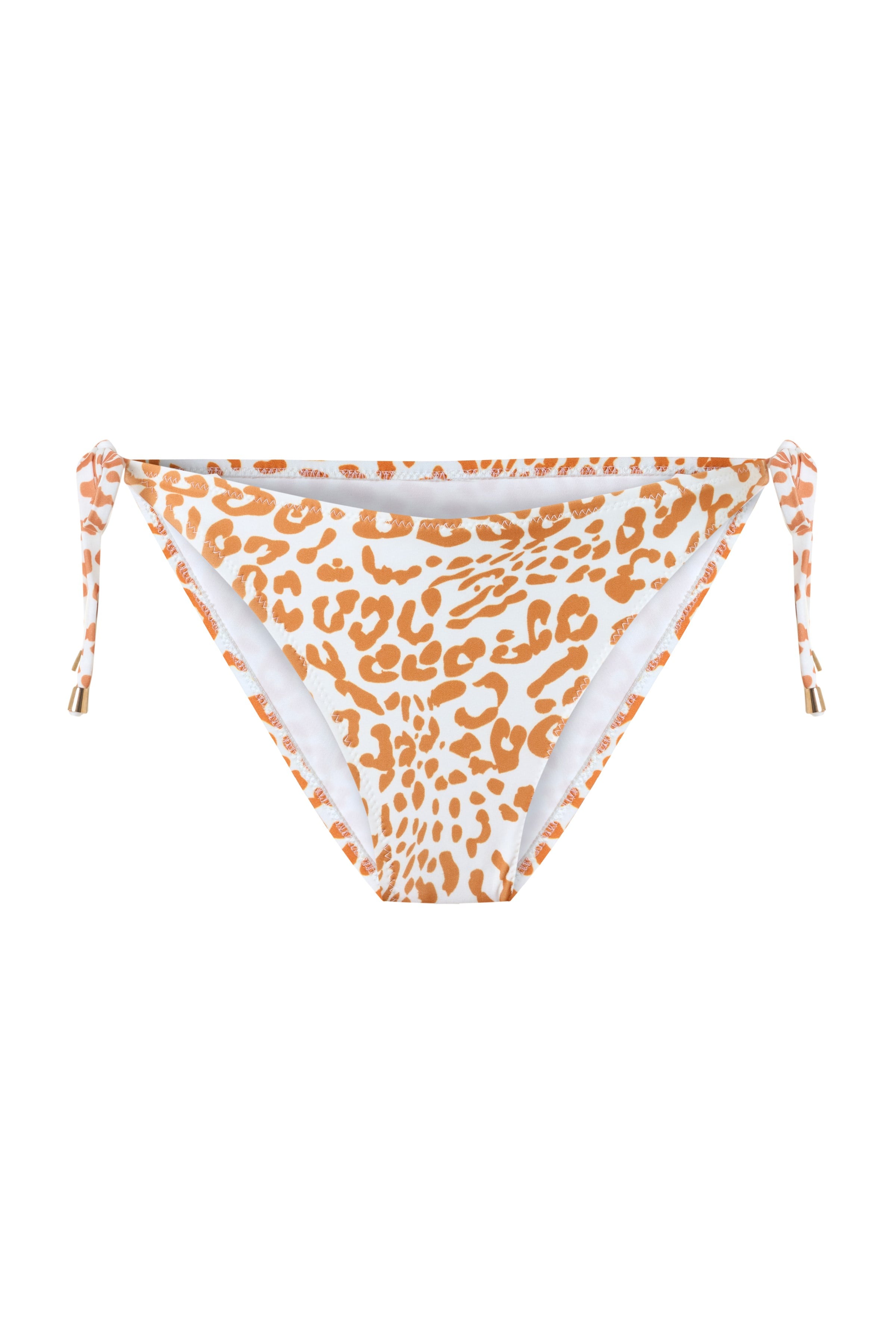 Leopar Desenli Yandan Bağlamalı Gold Aksesuar Detaylı Turuncu Beyaz Kadın Bikini Altı – Zaria