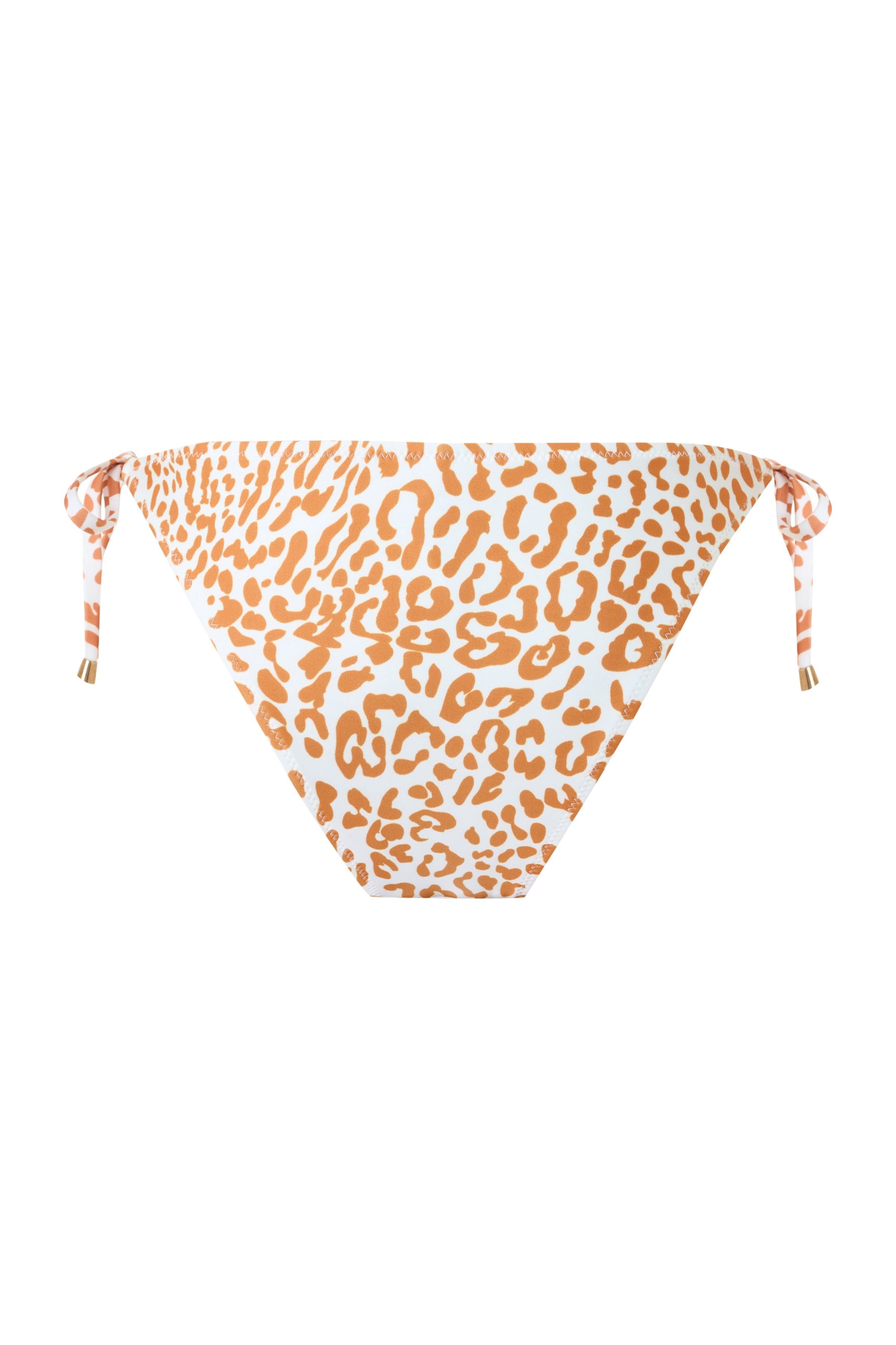 Leopar Desenli Yandan Bağlamalı Gold Aksesuar Detaylı Turuncu Beyaz Kadın Bikini Altı – Zaria