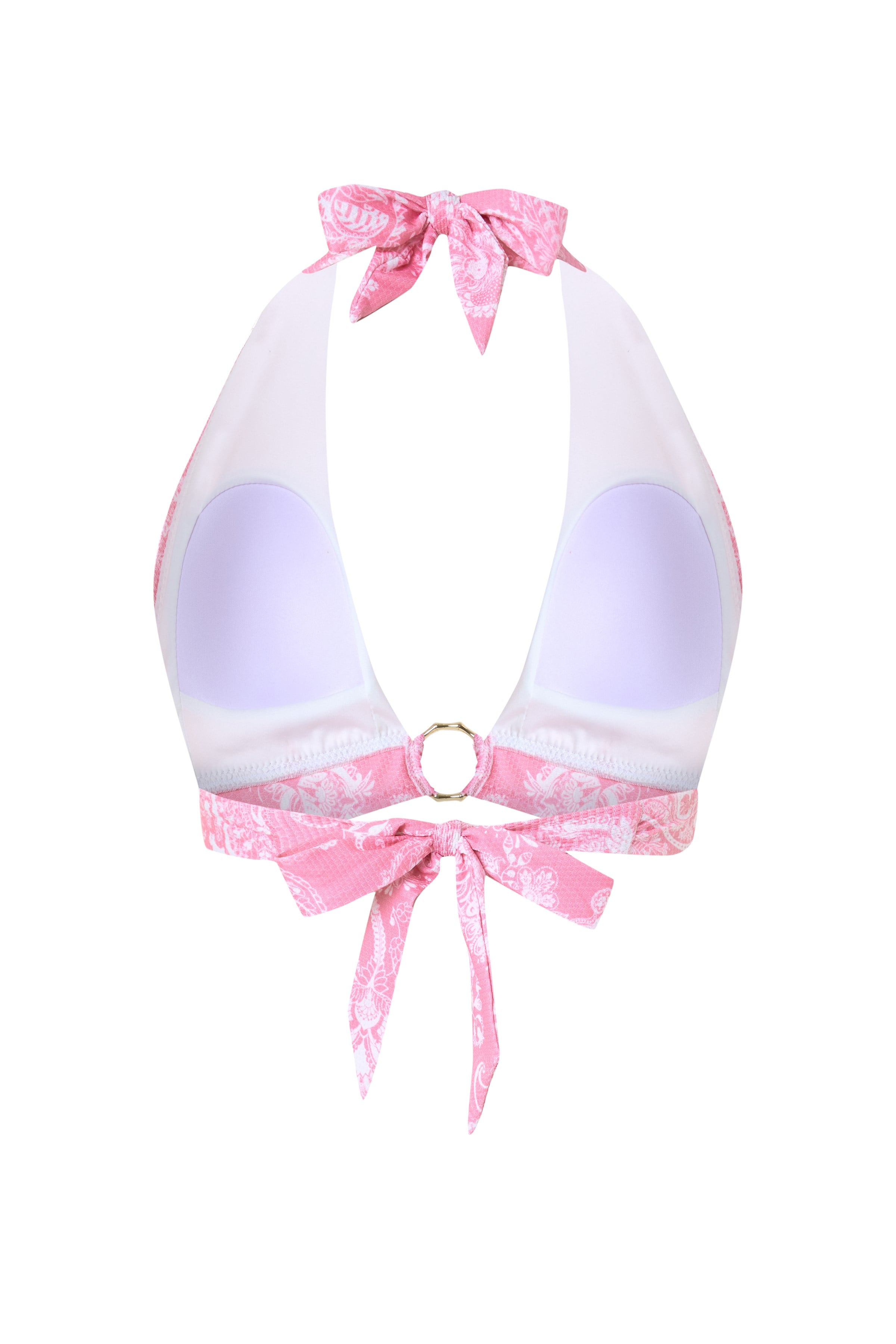 Paisley Desenli Halka Aksesuar Detaylı Boyundan Bağlamalı Pembe Kadın Bikini Üstü – Celestia