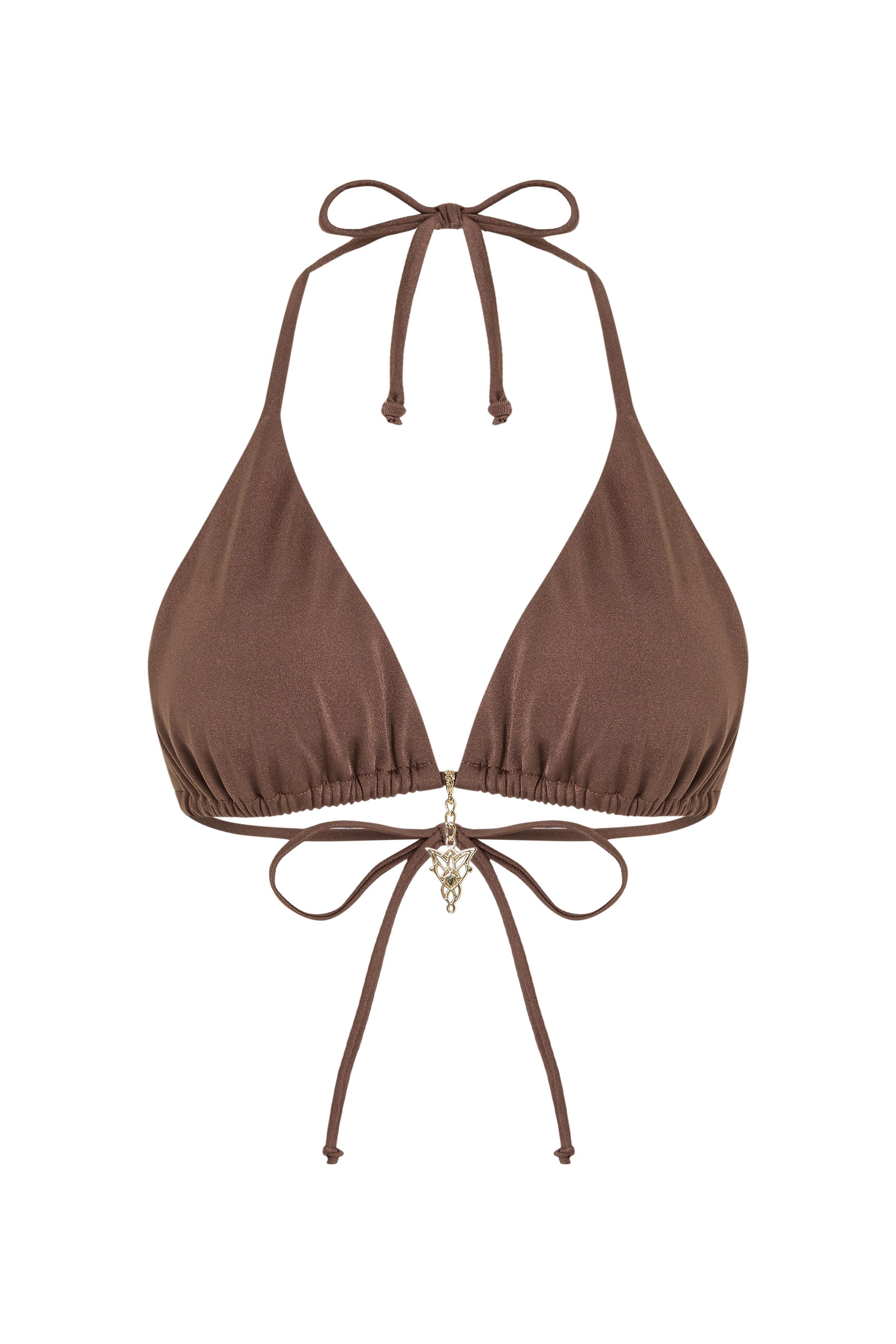 Shiny Parlak Dokulu Üçgen Kesim Gold Charm Detaylı Kahverengi Kadın Bikini Üstü - Solena