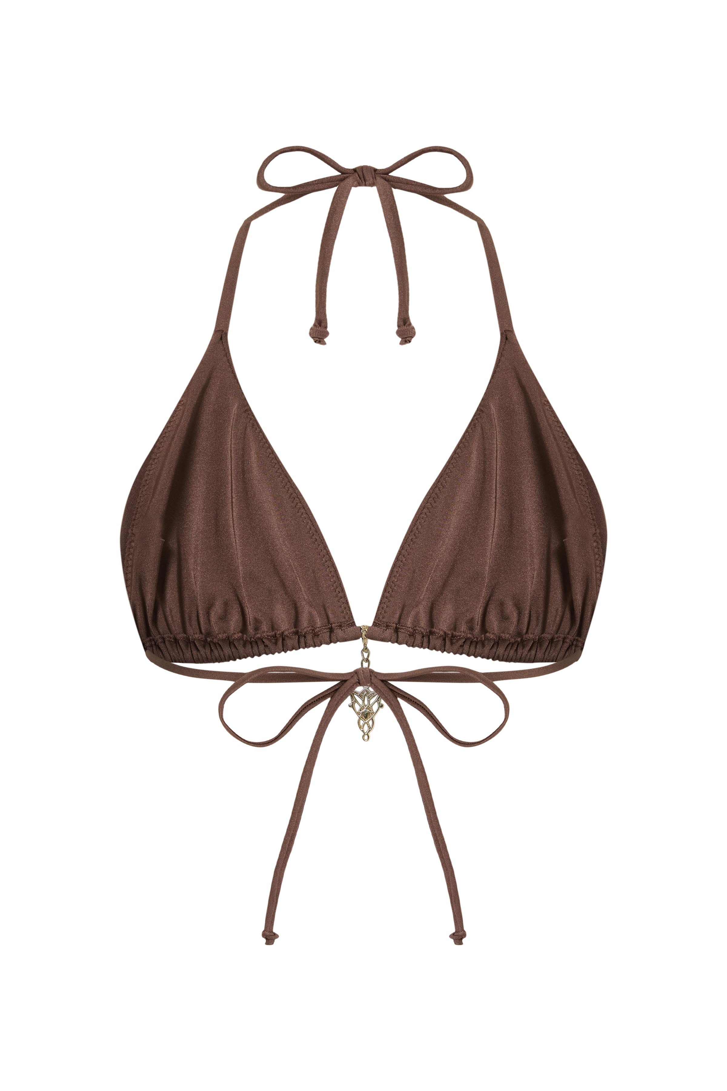 Shiny Parlak Dokulu Üçgen Kesim Gold Charm Detaylı Kahverengi Kadın Bikini Üstü - Solena