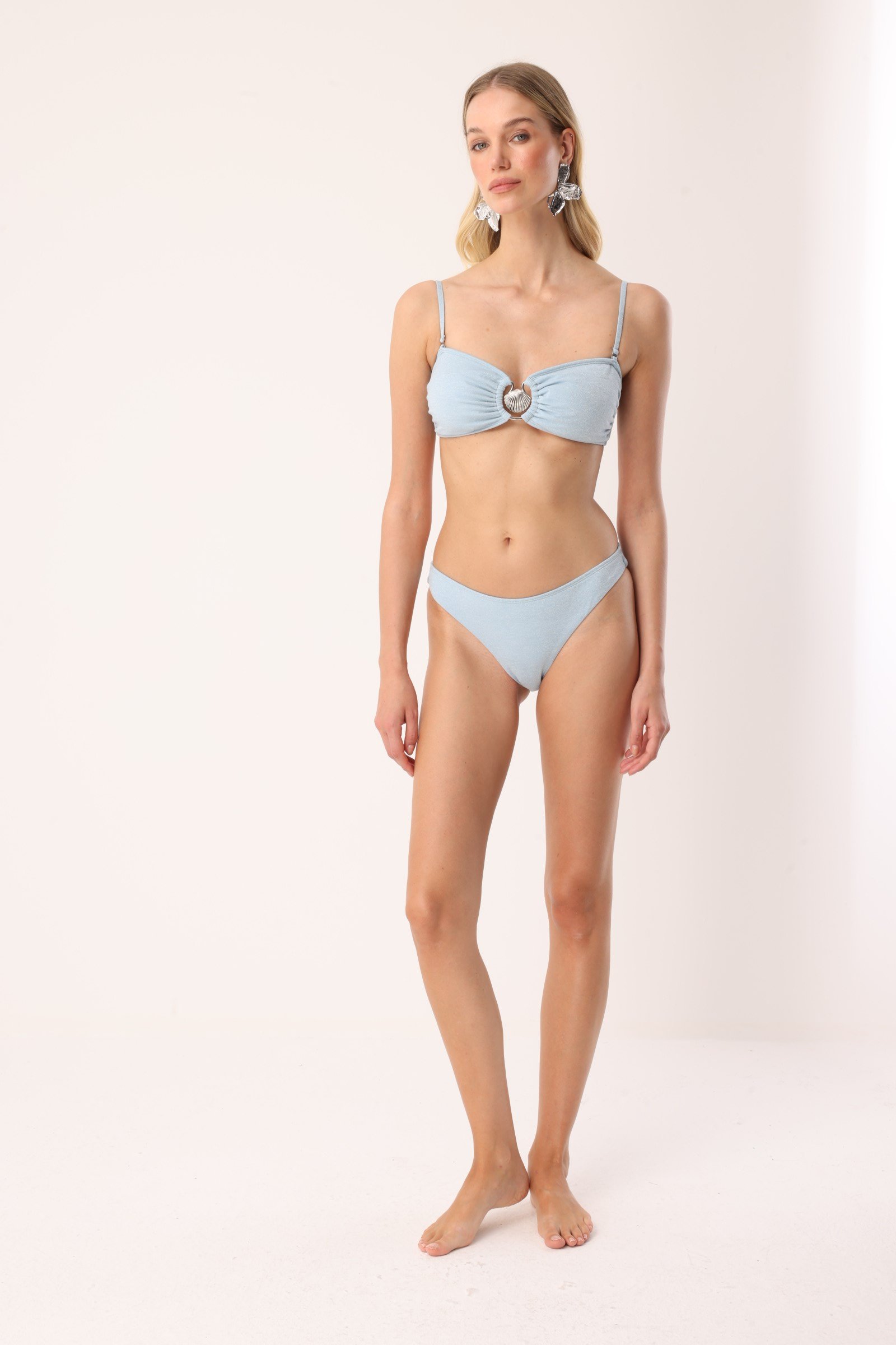 Simli Dokulu Metal İstiridye Aksesuarlı Büzgü Detaylı Mavi Kadın Bikini Takımı - Lunaria