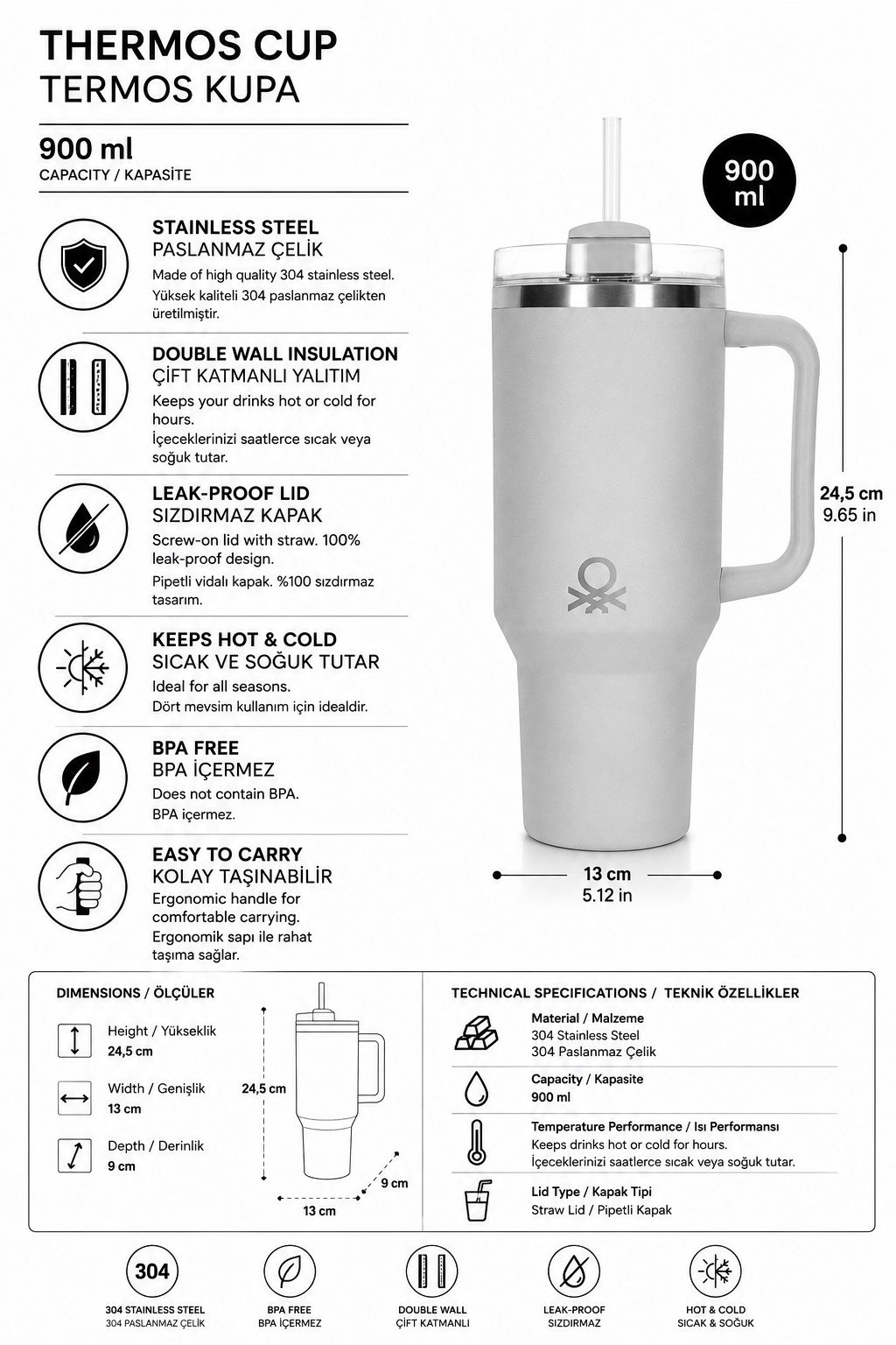 BE-KCT100-TZ Çelik Termos 900 Ml. Mavi  Zemin Mavi Kulp