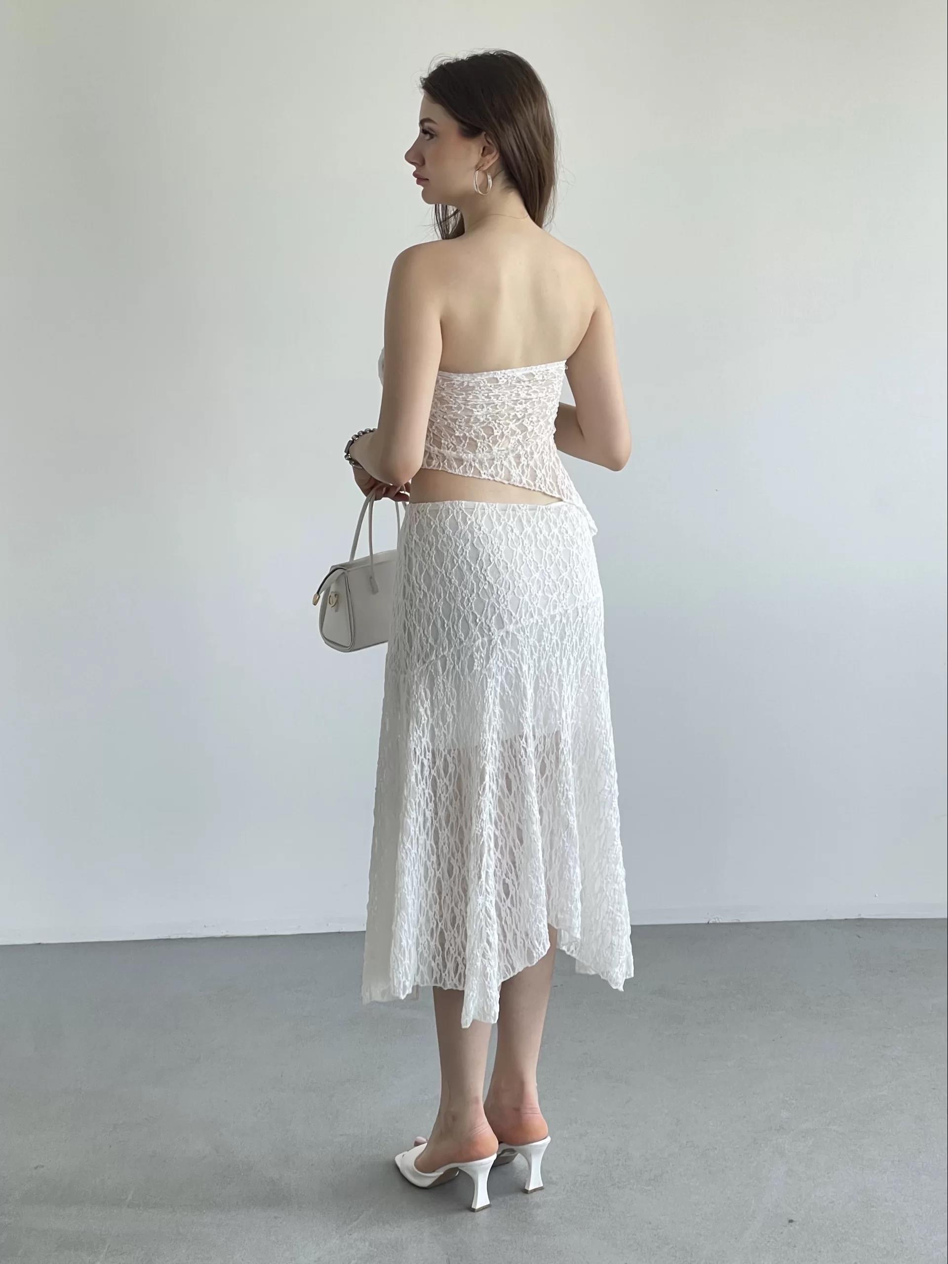 Asimetrik Dantelli Crop Takım
